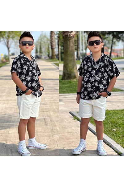 RÜYA KİDS Boy's linen shirt and denim shorts holiday summer outfit set