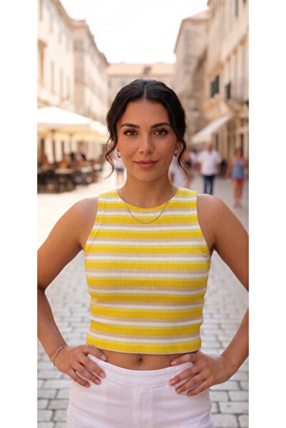 ZUM Zero Neck Sleeveless Yellow White Striped Crop Bustier Camisole Women's G...