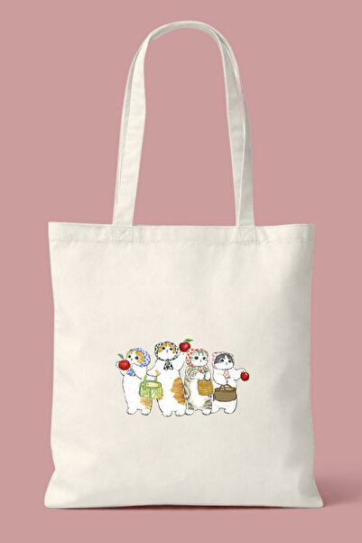 Hayali Şeyler Cute Cats Eating Apples Printed Cloth Bag