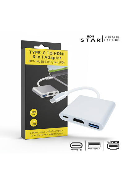IRONSTAR TYPE-C TO HDMI +USB+PD 3.0 / TYPE-C ÇEVİRİCİ / HUB / TYPEC ÇOĞALTICI
