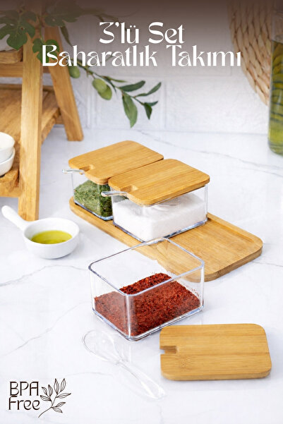 GİNZAMAİSON 3’lü Set Bambu Kapaklı Baharatlık – Kaşıklı Standlı Organizer – B...