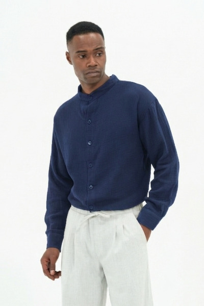 RELAXL Battal Size Ecru Men's Shirt 100% Cotton Muslin Fabric