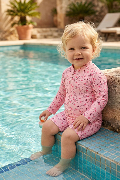 Minipodyum Kız Bebek Yüzücü Mayosu Uzun Kollu Desenli