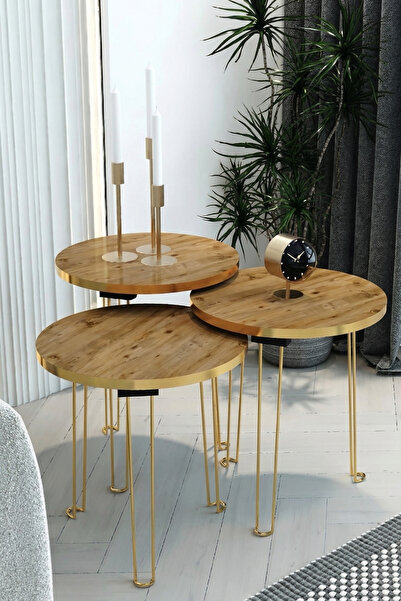 OKAE طقم طاولات خدمة وضيافة تركي دائرية متداخلة 3 قطع سطح خشبي مع حواف وأرجل ...