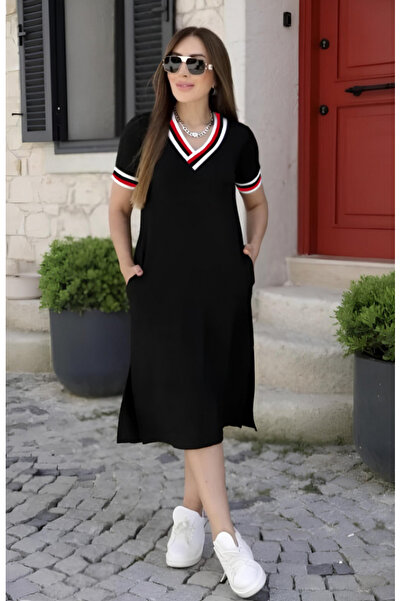 rengamoda Women's V-Neck Rib Detail Short Sleeve Midiboy Viscose Dress