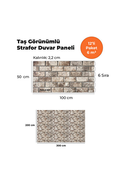 KnB Duvar Panelleri TUGLA-601 TAŞ GÖRÜNÜMLÜ 3D STRAFOR DUVAR PANELİ (12'Lİ PA...
