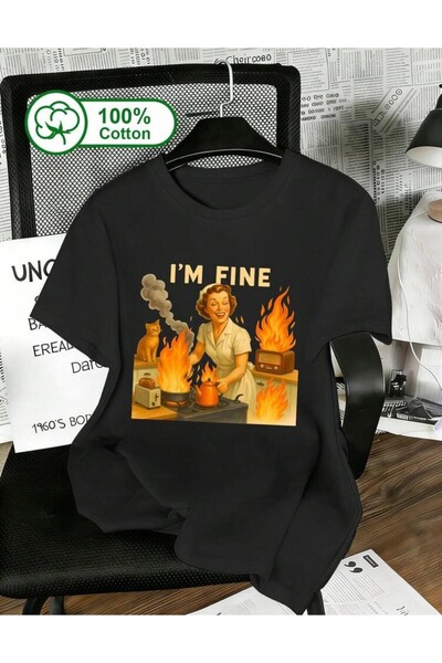 Oceanwear Fun I'Am Fine Printed Short Sleeve Crew Neck Women's Black Tshirt