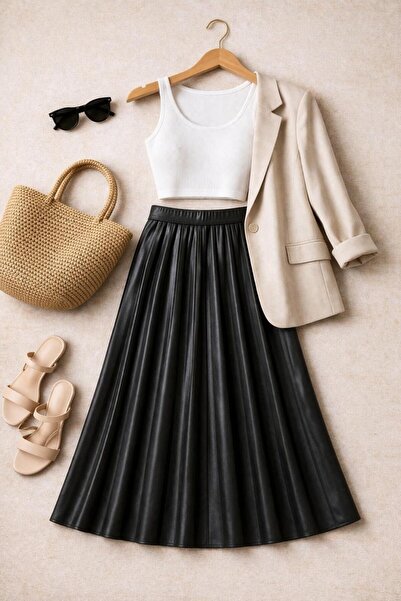 MSN Pi̇li̇se Maxi Elegant Skirt with Elastic Waist, Light Leather Look, Size ...