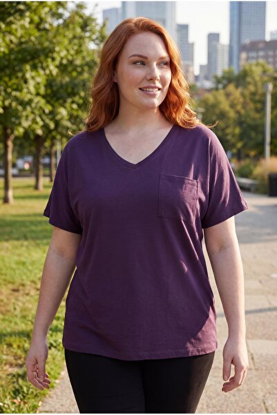 Ebsumu Women's Plus Size V-Neck Pocket Breathable Fabric Loose Purple Blouse