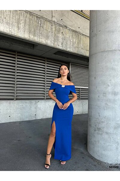 WoolnClyde Women's Madonna Collar Stone Detailed Slit Long Evening Dress