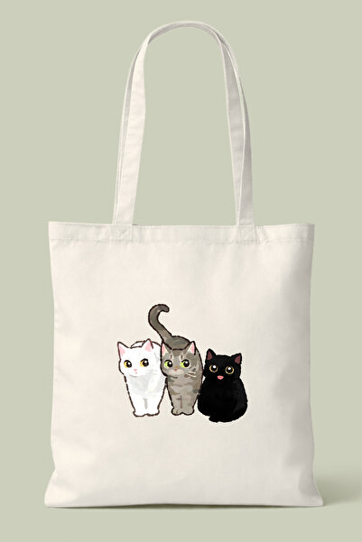 Hayali Şeyler Three Cute Cat Design Printed Cloth Bags
