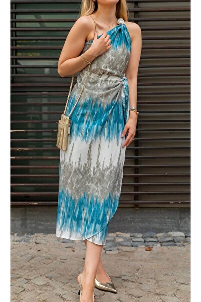 Shiny Boutique TURKUAZ BATİK DESENLİ TEK OMUZ SATEN ELBİSE