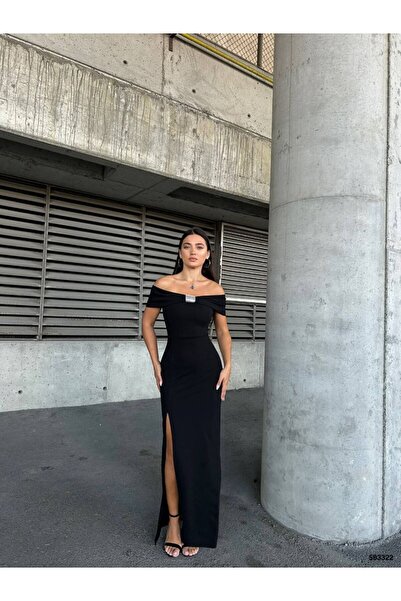 WoolnClyde Γυναικείο μακρύ βραδινό φόρεμα με λαιμόκοψη Madonna και λεπτομέρει...