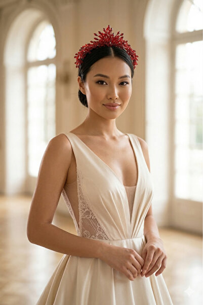 ESPEREST فستان سهرة للعروس بتصميم خاص مطرز بالكريستال والخرز مع تاج الحناء