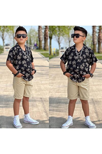 RÜYA KİDS Boy's linen shirt and denim shorts holiday summer outfit set