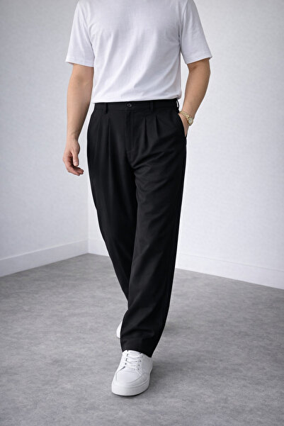 Polo State بنطلون رجالي أسود فضفاض من القماش المطوي