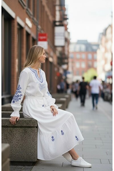 Bohem kutusu Voile Lined Vintage Embroidered Bohemian Dress