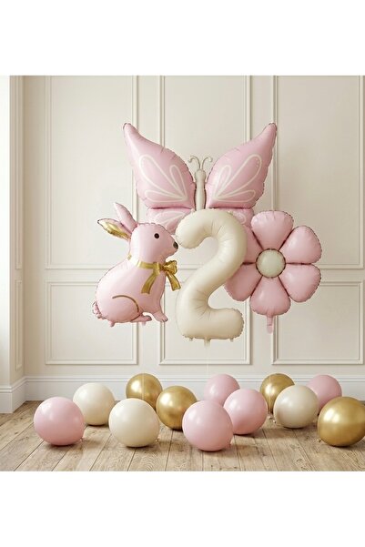 Öztürkpartievi Powder Pink2 Age Number Balloon Butterfly & Rabbit Balloon Set...