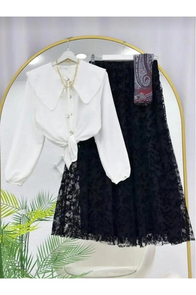 MODA VEDAT Γυναικείο πουκάμισο με λεπτομέρεια από γκιπούρ και γιακά - Σετ με ...