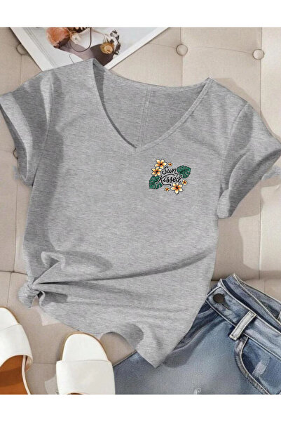 SUNFREE Tricou de bază pentru femei, cu mânecă scurtă, cu decolteu în V și im...