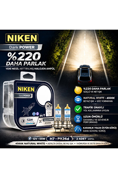 DuoLight Niken H7%220 Daha Parlak, 4500K Doğal Beyaz Işık, 12V 55W Trafiğe Çı...