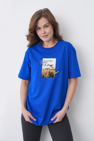 TREND EMMODA Tricou din bumbac albastru Saks, cu gât rotund, cu vedere la nat...
