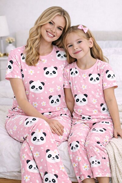 PEMBİŞ HOMEWEAR Lana Panda Short Sleeve Mother Daughter Pajama Set