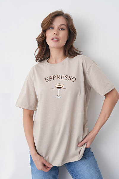 TREND EMMODA Tricou de damă Espresso Martini Coffee Cocktail, imprimat, cu gâ...