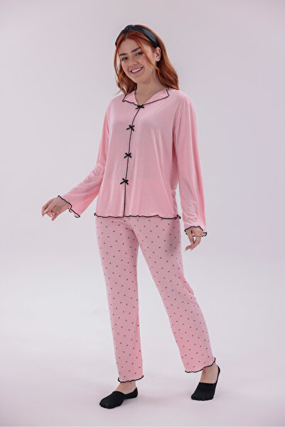 Arvin Pijama Women's Pink Color Six Heart Patterned Comfortable Fit Soft Cott...