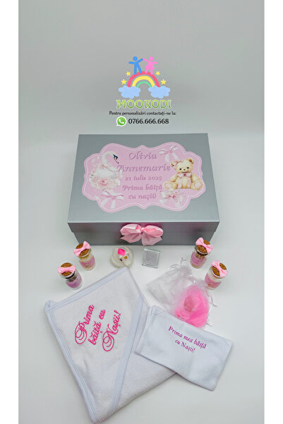 MOOKODI Set "Prima băiță cu nașii" personalizat - "Ursuleț si lebădă 1" roz pal