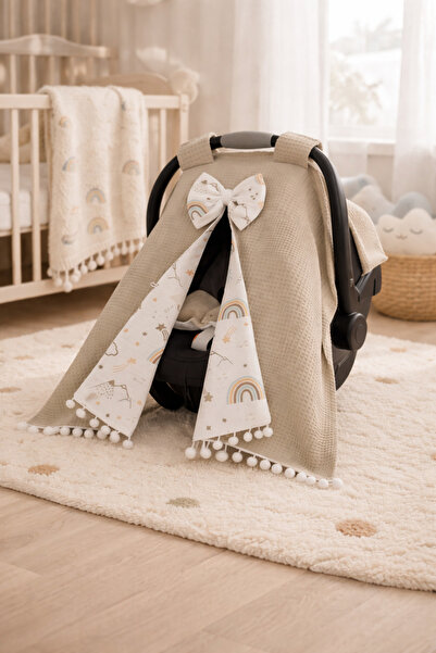 BeygeBaby Çift Katlı Kahve Waffle Pike ve Gökkuşaklı Müslin Çift Yönlü Puset ...