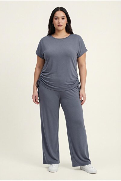 Ebsumu Women's Plus Size Sho Fabric Drawstring Gray Tracksuit Set