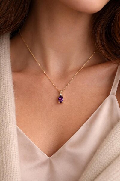 Natural Jewelleryy 925 Ayar Oval Kesim Ametist Taşlı 14k Altın Kaplama Gümüş ...