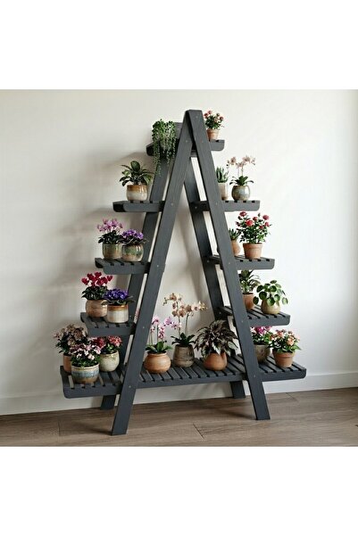 Ev dekka WoodDecor 5 Katlı Ahşap Merdiven Çiçeklik - 120x100 cm Geniş Raf Standı