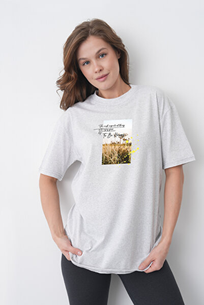 TREND EMMODA Tricou din bumbac gri, cu gât rotund, cu vedere la natură, în st...