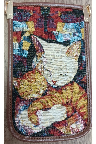 Gerçek Hediyelik Mini Phone Bag - Adjustable Strap, Card Compartment, Cat Pattern
