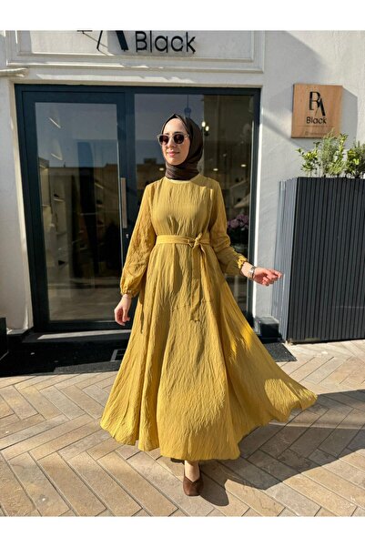 MissWhence 39844 Kuşaklı Kadın Elbise Safran