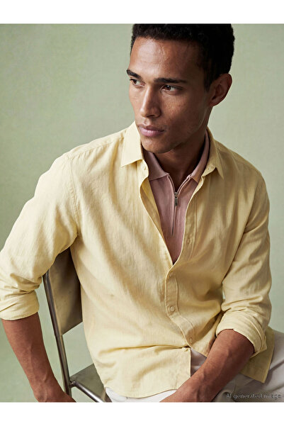 LC Waikiki قميص رجالي أصفر اللون بقصة عادية ومظهر كتان