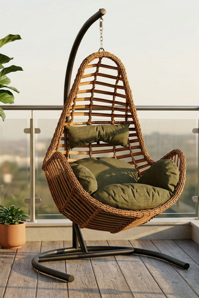 KalyonHome Gardeniza Sardinya Rattan Tek Kişilik Bahçe Balkon Salıncağı Armut 120 Kg Haki