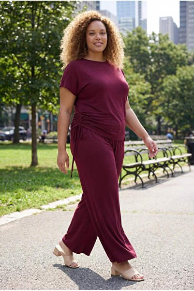 Ebsumu Women's Plus Size Sho Fabric Drawstring Burgundy Tracksuit Set