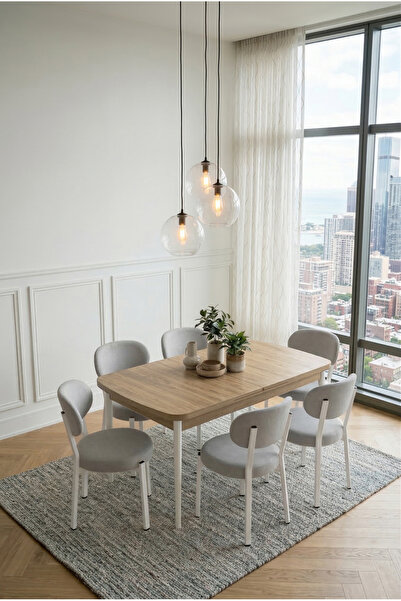 DEREN HOME Pufy Serisi 80x130 Açılabilir Masa +6 Adet Silinebilir Sandalye Ma...