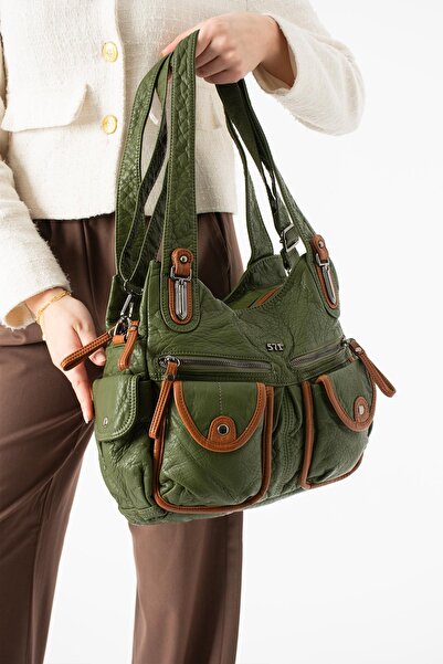 571 Collections Çanta Washed Leather Multi-Compartment Shoulder Bag Green Mod...