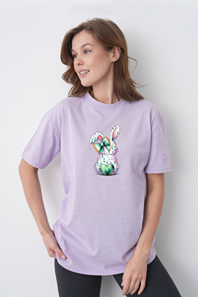 TREND EMMODA Tricou de damă din bumbac, liliac, cu imprimeu floral, cu figuri...