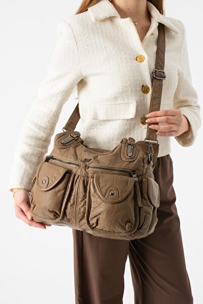 571 Collections Çanta Washed Leather Multi-Compartment Shoulder Bag Brown Mod...