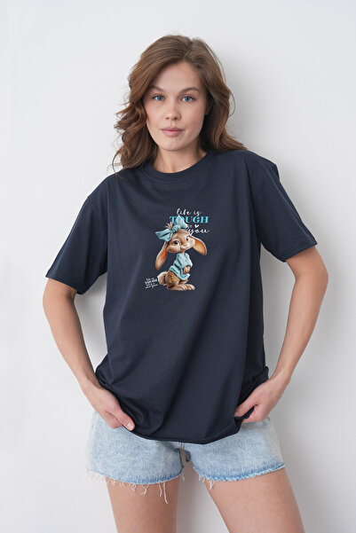 TREND EMMODA Tricou din bumbac bleumarin, cu imprimeu cu iepure drăguț, cu gâ...