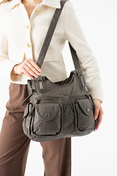 571 Collections Çanta Washed Leather Multi-Compartment Shoulder Bag Gray Mode...