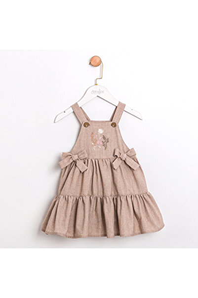 Cumino Linen Girls' Dress with Straps and Embroidery Detail