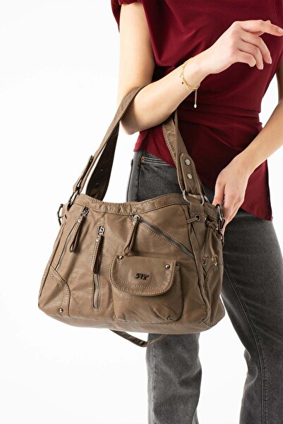 571 Collections Çanta Washed Leather Multi-Compartment Shoulder Bag Brown Mod...