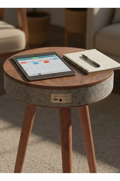gen 360° Bluetooth Speaker Side Table with Wireless Charging Wooden Nightstan...