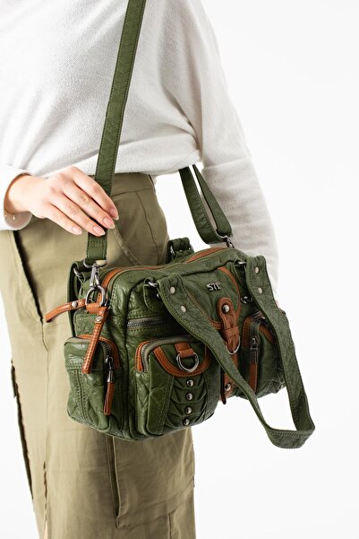571 Collections Çanta Washed Leather Multi-Compartment Shoulder Bag Green Mod...